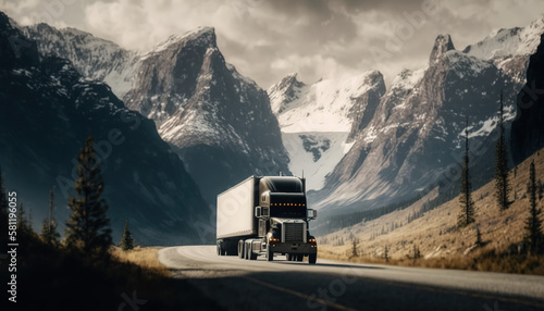 Semi-truck traveling through mountain range
