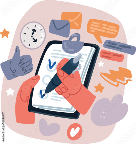 Vector illustration of choice on paper on tablet. Paper clip. Hand hold pen and put chek in box.