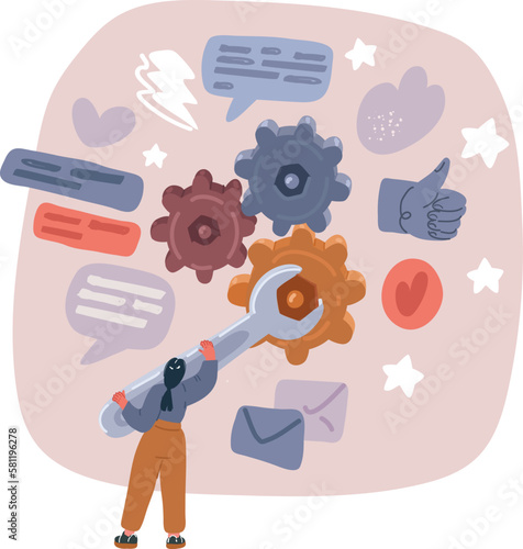 Vector illustration of Woman fixing gears, changing settings of complex business system. Analysis, mindset setup thinking concept. Analyst with cogwheels