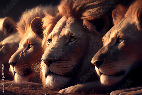 A group of lions relaxing in the sun, enjoying the warmth as they cuddle together, generative ai illustration