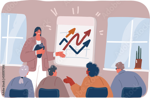 Vector illustration of Business seminar female speaker doing presentation and professional training about marketing, sales and e-commerce. Public conference and motivation for business audience