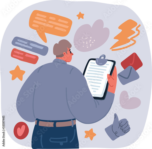 Vector illustration of man hold tablet. Manager hold clipboard wit tasks. Rear view.