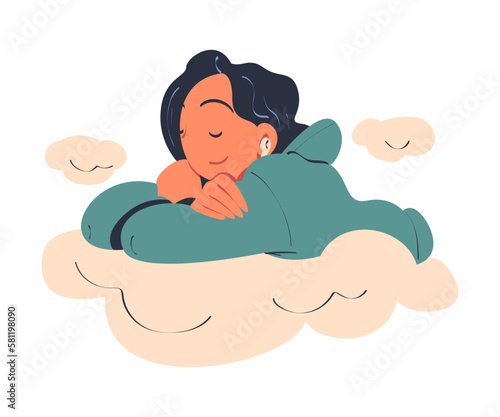 Woman Character Dreaming Imagining and Fantasizing Being in the Clouds Vector Illustration