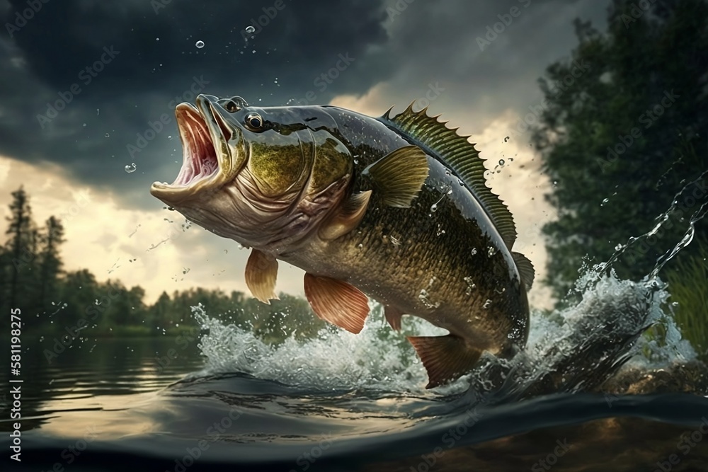 bass jumping out of the water - obrazy, fototapety, plakaty 