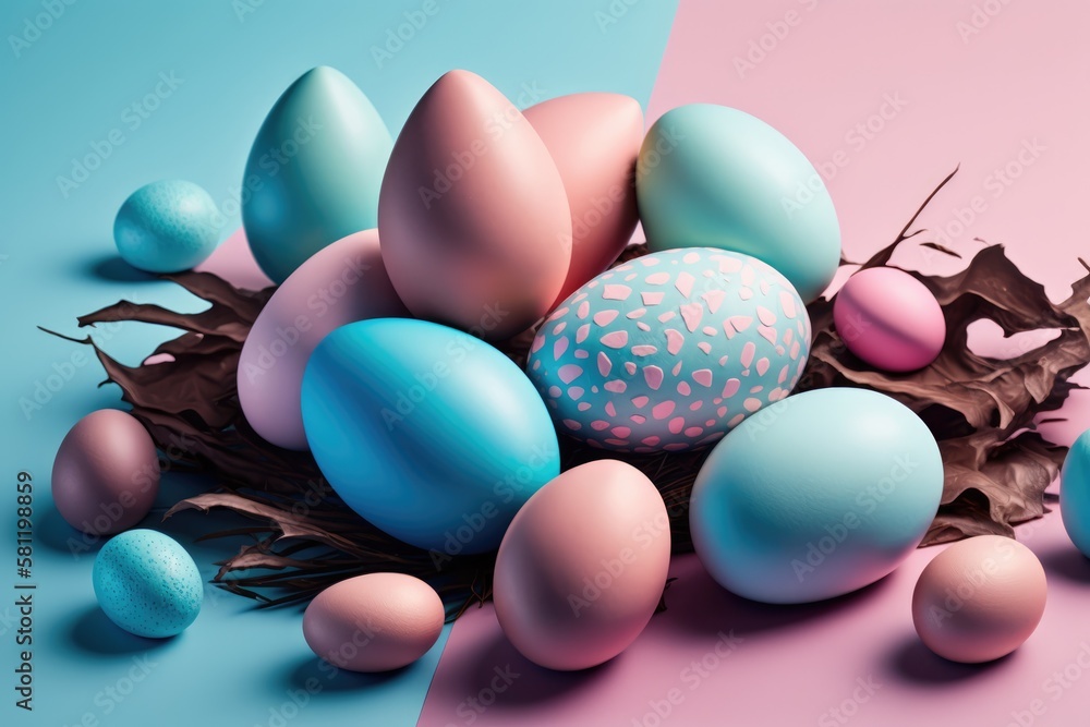 Group of pastel colored Easter eggs layer over chocolate splash. Isolated on studio background. Easter Holiday concept. Pastel colors. Generative ai. 