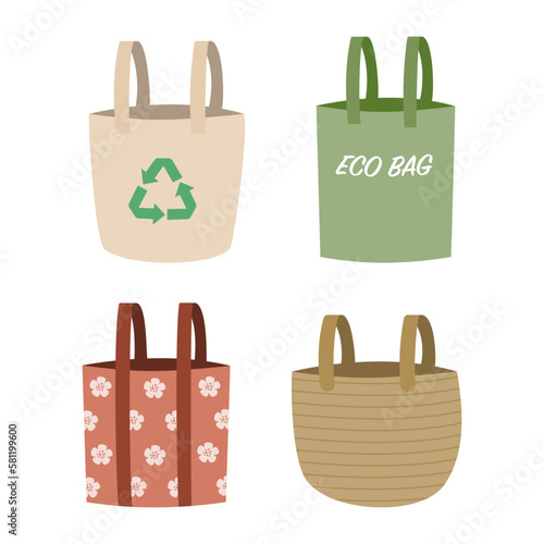 Set of reusable shopping bags. Sustainable tote bags.
