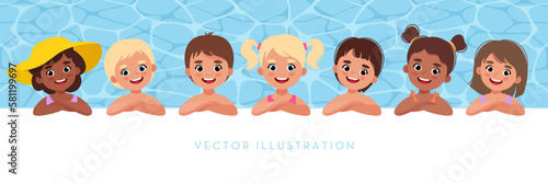 Cartoon collection of different human races, little boys' and girls' portraits in summer weather. Vector children's characters of different nationalities with a white blank.