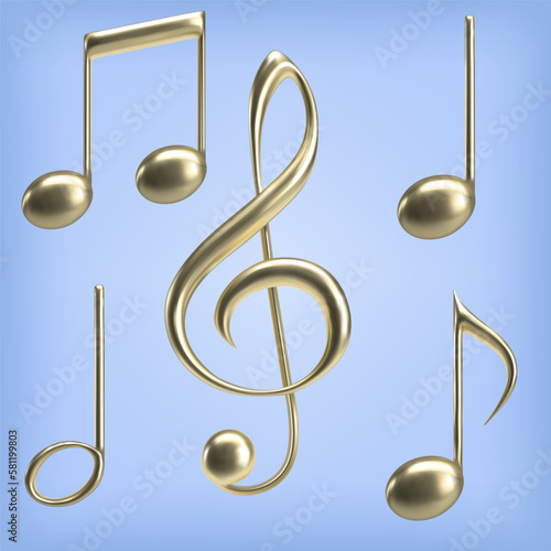 3d golden notes and treble clef. Vector illustration
