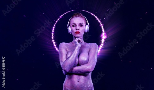 Hot woman DJ in neon lights. Portrait of sexy TDJ at club party.