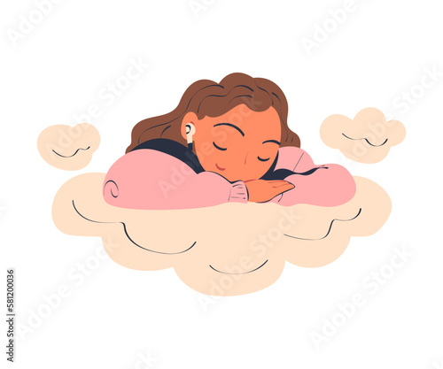 Woman Character Dreaming Imagining and Fantasizing Being in the Clouds Vector Illustration