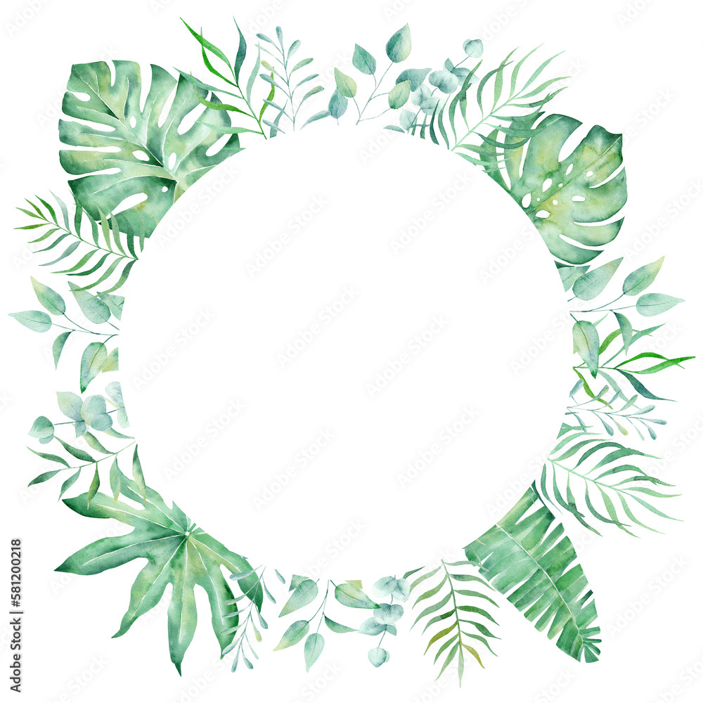 Exotic watercolor tropical frame border palm tree. Summer clipart illustration.