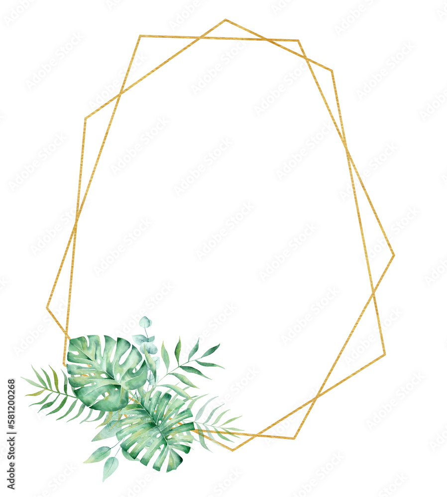 Exotic watercolor tropical frame border palm tree. Summer clipart illustration.