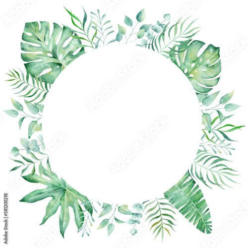 Obraz na płótnie Exotic watercolor tropical frame border palm tree. Summer clipart illustration. w salonie