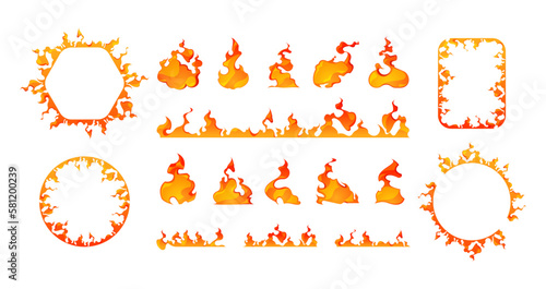 Cartoon fire frames. Square and round flaming figures, burning orange and red borders, game asset 2d elements, ignited edges. Vector isolated set. Various bright burning frames collection