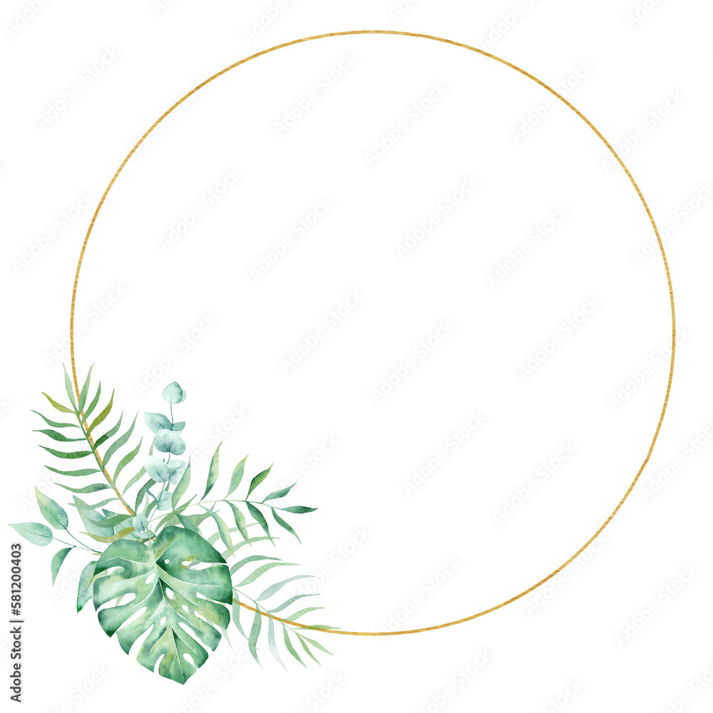 Exotic watercolor tropical wreath border palm tree. Summer clipart illustration.
