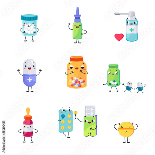 Cute Drug and Medicine with Smiling Faces and Arms Vector Set