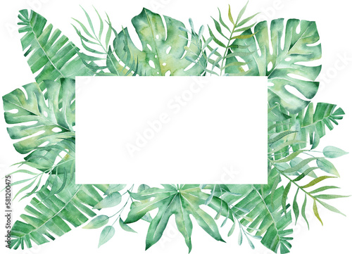 Obraz na płótnie Exotic watercolor tropical frame border palm tree. Summer clipart illustration. w salonie