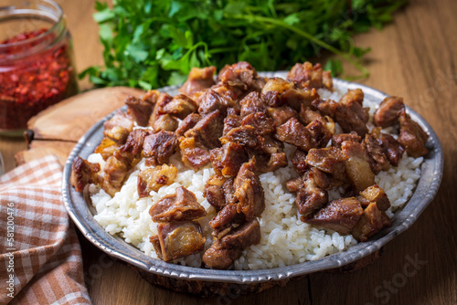Turkish Meat Et Kavurma with rice - pilav (Turkish name; kurban kavurma, pilav ustu kavurma)