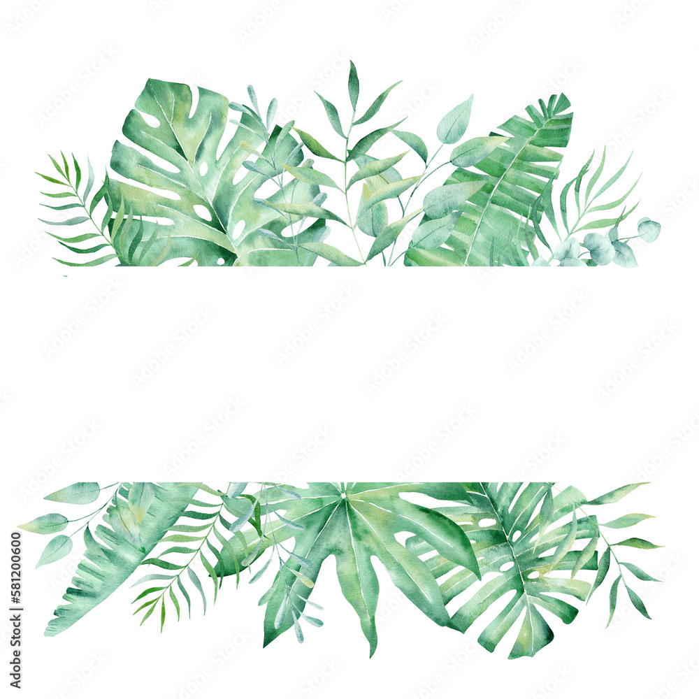Exotic watercolor tropical frame border palm tree. Summer clipart illustration.