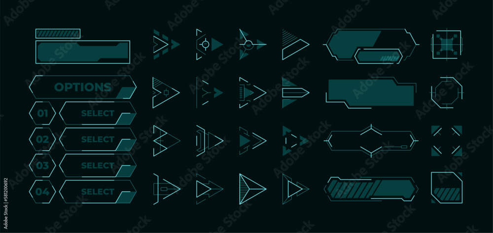 Futuristic menu elements. HUD buttons frames arrows and cursors for start screen game or application, neon UI asset. Vector isolated set. Selecting options, modern isolated borders - obrazy, fototapety, plakaty 