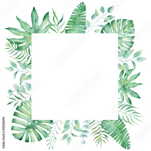 Obraz na płótnie Exotic watercolor tropical frame border palm tree. Summer clipart illustration. w salonie