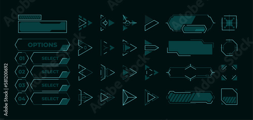 Futuristic menu elements. HUD buttons frames arrows and cursors for start screen game or application, neon UI asset. Vector isolated set. Selecting options, modern isolated borders