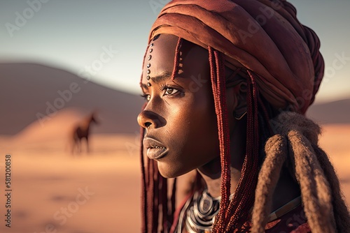 Portrait of a himba woman with desert on background, Ai Generative. photo