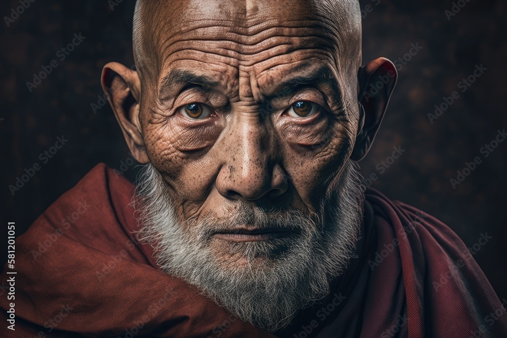 Portrait, elderly tibetan monk, looking at camera with serious expression. Ai Generative. - obrazy, fototapety, plakaty 