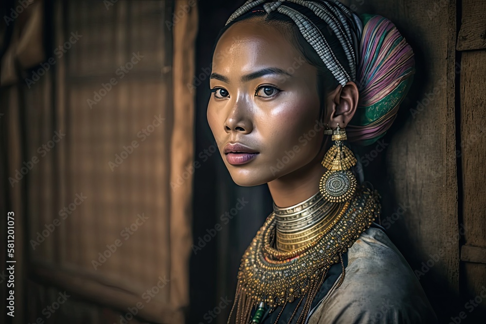 Portrait, woman from Kayan Lahwi tribe, on Burma, Ai Generative. Portrait, woman from Kayan Lahwi tribe, on Burma, Ai Generative.