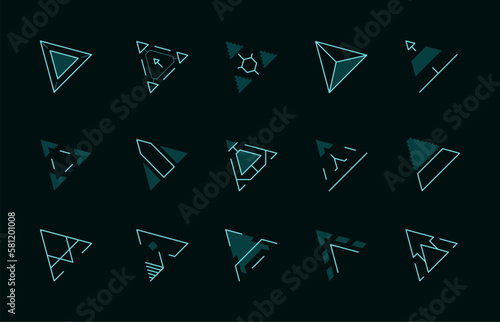 HUD game cursor. Game interface pointer sign for selection and press action, stylized futuristic neon cyberpunk elements. Vector icons set. Modern neon arrowheads isolated collection