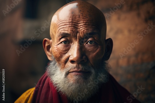 Portrait, elderly tibetan monk, looking at camera with serious expression. Ai Generative.