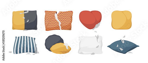 Torned pillows. Tattered cushion with scattered feathers, soft comfortable bedding decor with gap and scratches flat style. Vector cartoon set. Colorful damaged textile objects with cuts