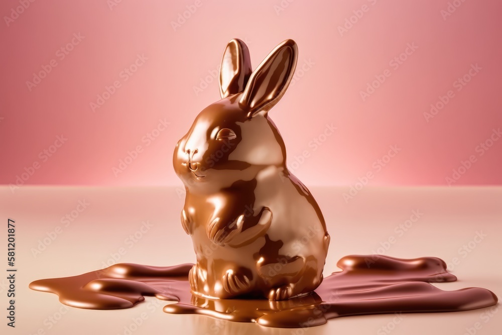 Cute chocolate Easter bunny on pastel pink studio background. Card