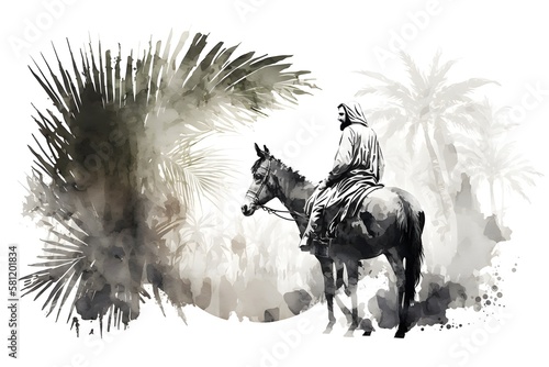 Background of Jesus into Jerusalem, with palm branches. White Background. Wallpaper illustration. Copy space for text information or content. Palm sunday, christianity, easter. Generative AI photo