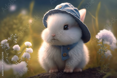 little white cartoon Easter bunny in a hat in the garden among white flowers, Generative AI