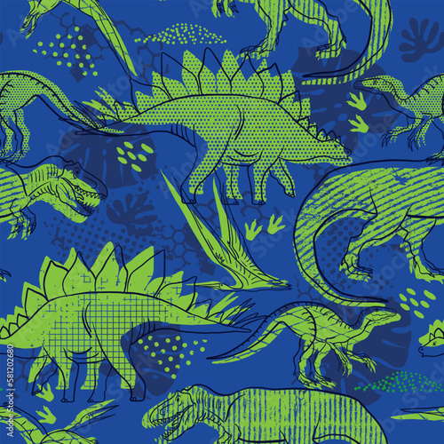 Seamless  Dino pattern, print for T-shirts, textiles, wrapping paper, web. Original design with t-rex,dinosaur .  grunge design for boys . 