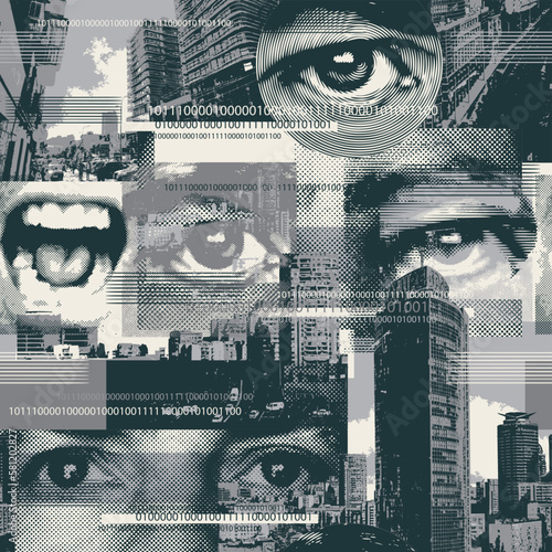 Abstract seamless pattern with human eyes, urban landscapes in grunge texture. Chaotic background on the theme of city life in retro style. Wallpaper, wrapping paper, fabric design