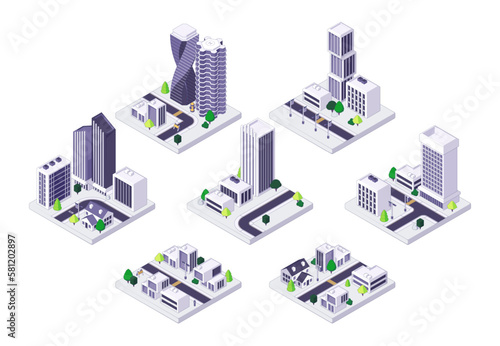 Isometric city streets. Town quarter with skyscrapers apartment and office buildings houses, urban residential block with traffic. Vector illustration. Urban area with tall architecture
