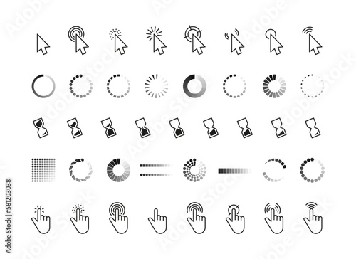 Interface progress cursor. Pointer mouse click arrow, connection loading and pointing hand web symbols, computer interface buttons. Vector set. Hourglass for waiting, browser elements animation