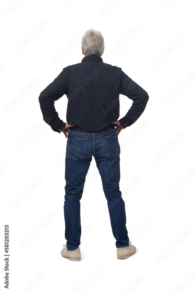 Rear view portrait of a man with two arms akimbo on white background. Rear view portrait of a man with two arms akimbo on white background.