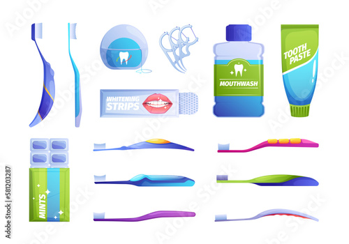 Oral hygiene products. Mouth cleaning tools, cartoon toothbrush toothpaste floss mouthwash icons, dental care treatment concept. Vector flat set. Whitening strips, mint chewing gum