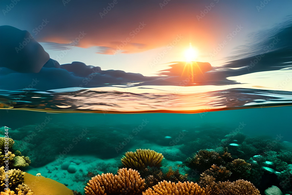 Submerged Serenity: Captivating Sunset Ocean View from Underwater with Generative AI 