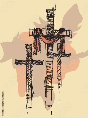 Good Friday - Christian holiday. Background with crosses. Crucifixion and death of Jesus on Calvary. Holy week catholic tradition. Religious vector illustration