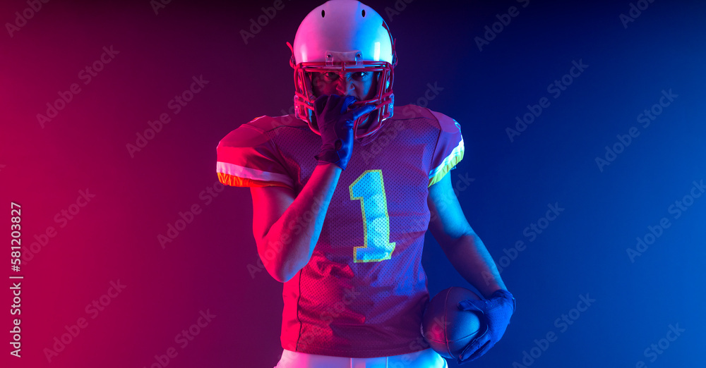 Horisontal banner for website header. Visual with American football player banner with neon colors. Template for a sports marketing with copy space. Mockup for betting advertisement. Horisontal banner for website header. Visual with American football player banner with neon colors. Template for a sports marketing with copy space. Mockup for betting advertisement.