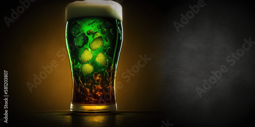 Cold beer with clovers inside, St. Patrick's Day Holiday banner with copy space, Generative, ai