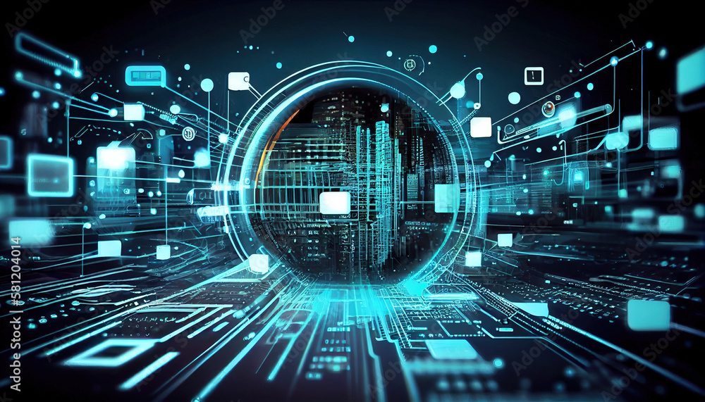 Fototapeta premium Digital technology, internet network connection, big data, digital marketing IoT internet of things. Computer, surfing internet futuristic innovative technology background wallpaper - Generative AI