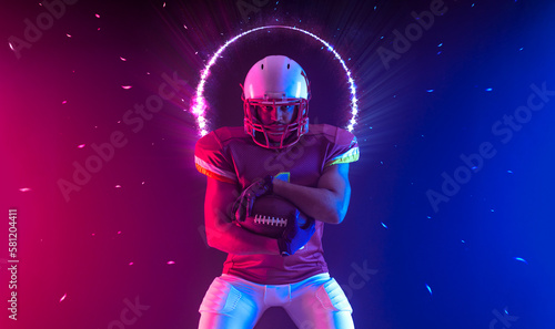 American football player banner with neon colors. Template for bookmaker ads with copy space. Mockup for betting advertisement. Sports betting, football betting, gambling, bookmaker, big win