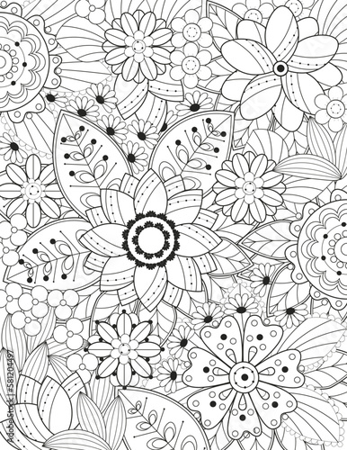  Coloring pages for children and adults.Blooming garden illustration hand drawing.   