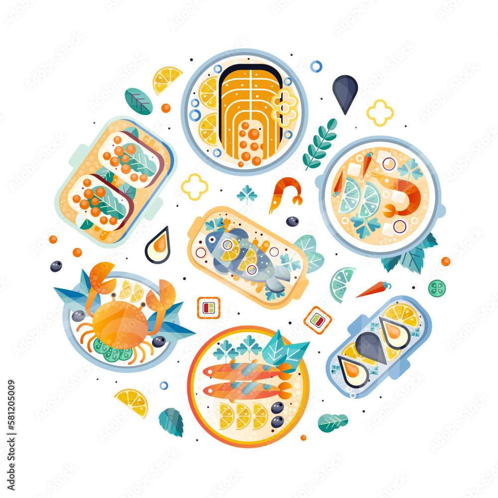 Seafood Dish Circle Composition with Fish and Shellfish Served on Plate Vector Template Seafood Dish Circle Composition with Fish and Shellfish Served on Plate Vector Template