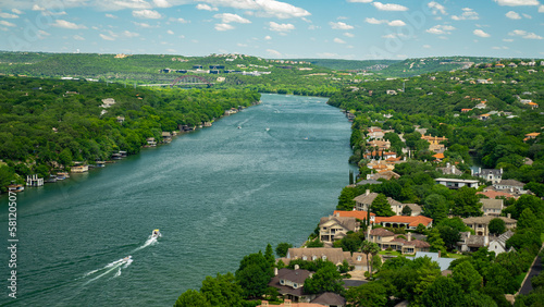 Austin, Texas / USA - May 20 2020: Lake Austin on the Colorado River in Austin, Texas - Mt Bonnell lookout over lake photo